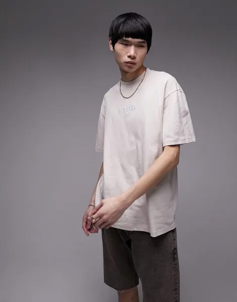 Topman - футболка оверсайз каменно-бежевого цвета с рельефной вышивкой Nowhere