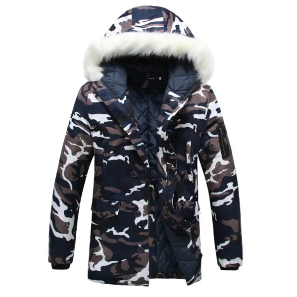 Камуфляжная зимняя мужская куртка с хлопковой подкладкой и меховым воротником, длинное Мужское пальто с капюшоном, повседневная мужская теплая парка, милые Куртки