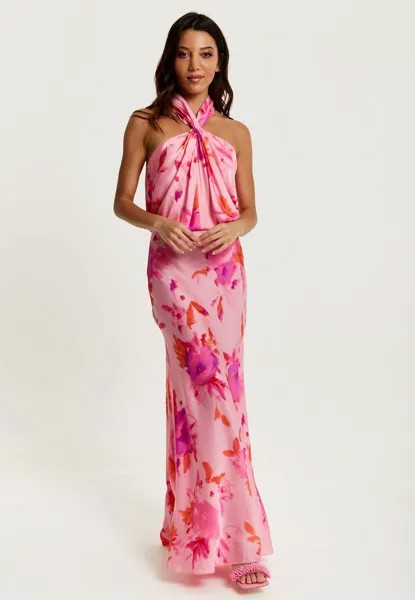 Розовое платье макси с цветочным принтом и бретельками на шее Liquorish, розовый