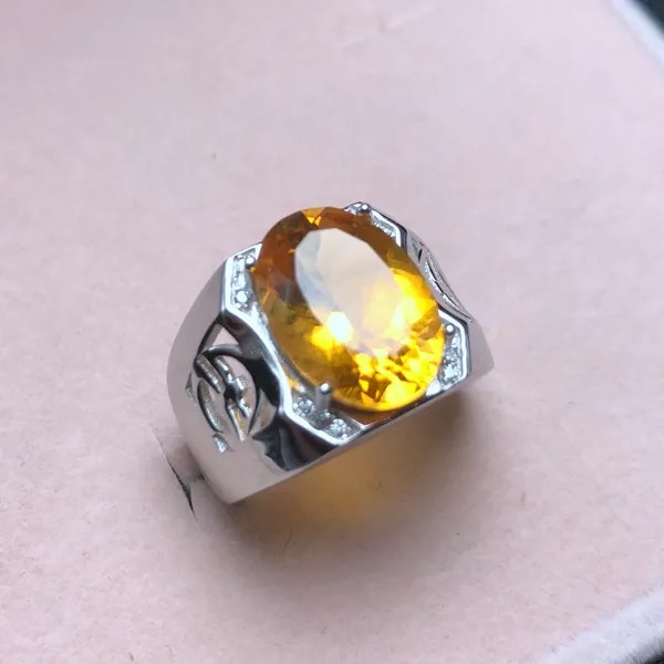 In-kind фото красивый цвет, Новое мужское кольцо, серебро 925 пробы, Бразильский натуральный цитрин, классический стиль