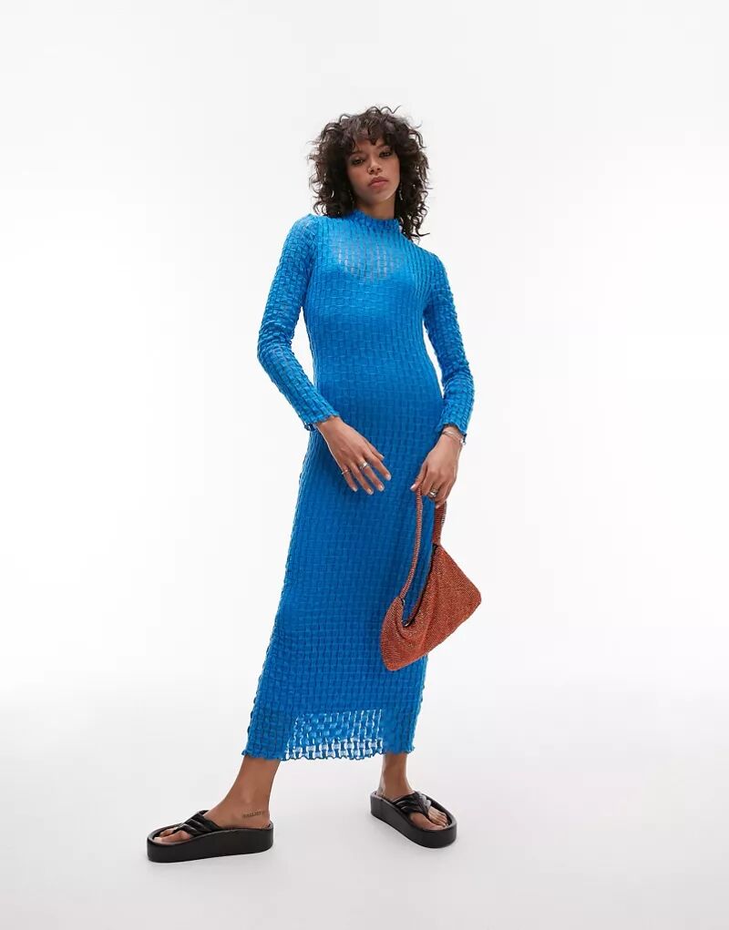 Синее платье миди из структурированного кружева и джерси с длинными рукавами Topshop