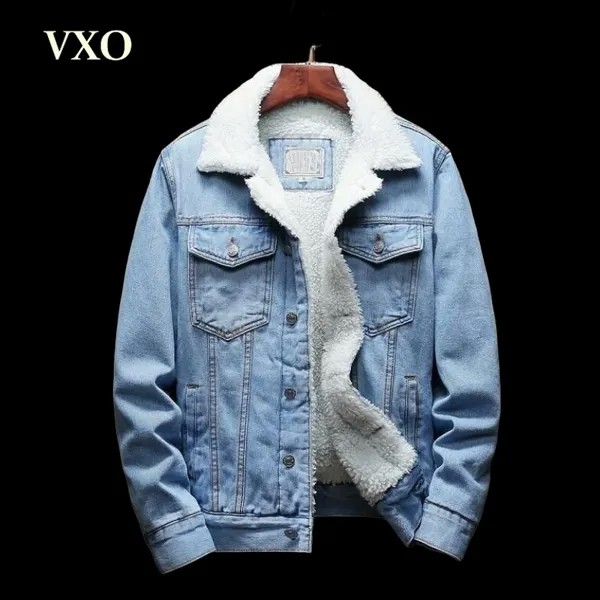 Мужская теплая джинсовая куртка VXO, парка с капюшоном, джинсовая куртка, потертая Мужская зимняя одежда