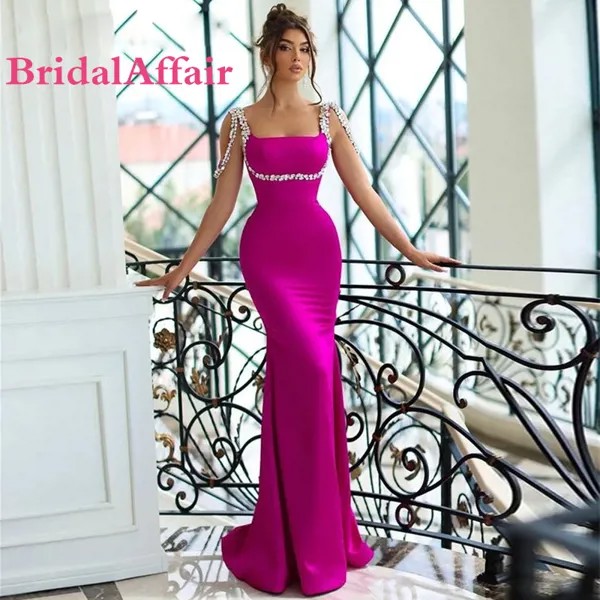 BridalAffair фуксия Кристалл Спагетти ремень Русалка Выпускные платья Арабский Дубай длинный Атласный халат для вечеринки для женщин