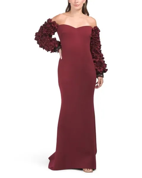 Платье с открытыми плечами и объемными цветочными рукавами Badgley Mischka, цвет Wine