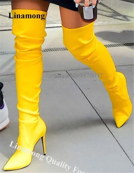 Привлекательные женские блестящие желтые ботфорты на шпильке, очаровательные облегающие длинные сапоги с высоким каблуком, вечерняя Обувь на каблуке