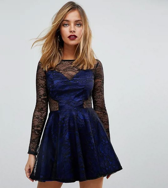 Короткое приталенное платье с кружевом John Zack Petite-Темно-синий