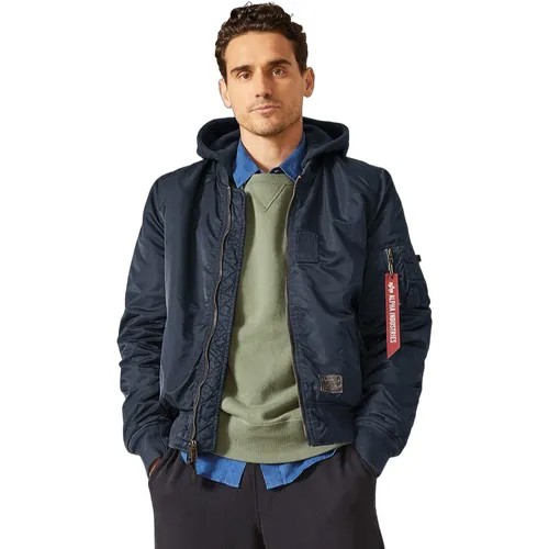 Бомбер ALPHA INDUSTRIES, демисезон/зима, силуэт прямой, съемный капюшон, карманы, подкладка, водонепроницаемая, внутренний карман, утепленная, манжеты, капюшон, размер L, синий