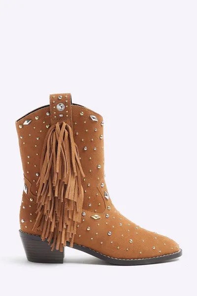 Ботинки в стиле вестерн с заклепками и кисточками River Island, коричневый