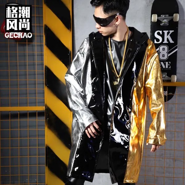 S-5XL, новинка, мужская мода, певец, ди-джей, GD, хип-хоп, пэчворк, контрастные цвета, плащ из полиуретана с капюшоном, пальто, размера плюс, костюмы для сцены и представлений