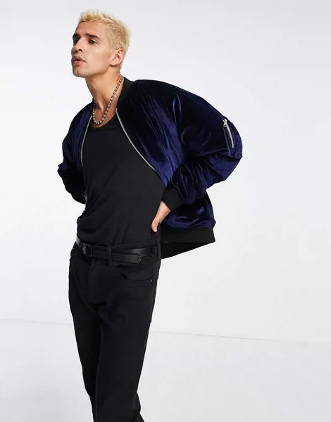 Темно-синий бархатный oversized-бомбер ASOS DESIGN