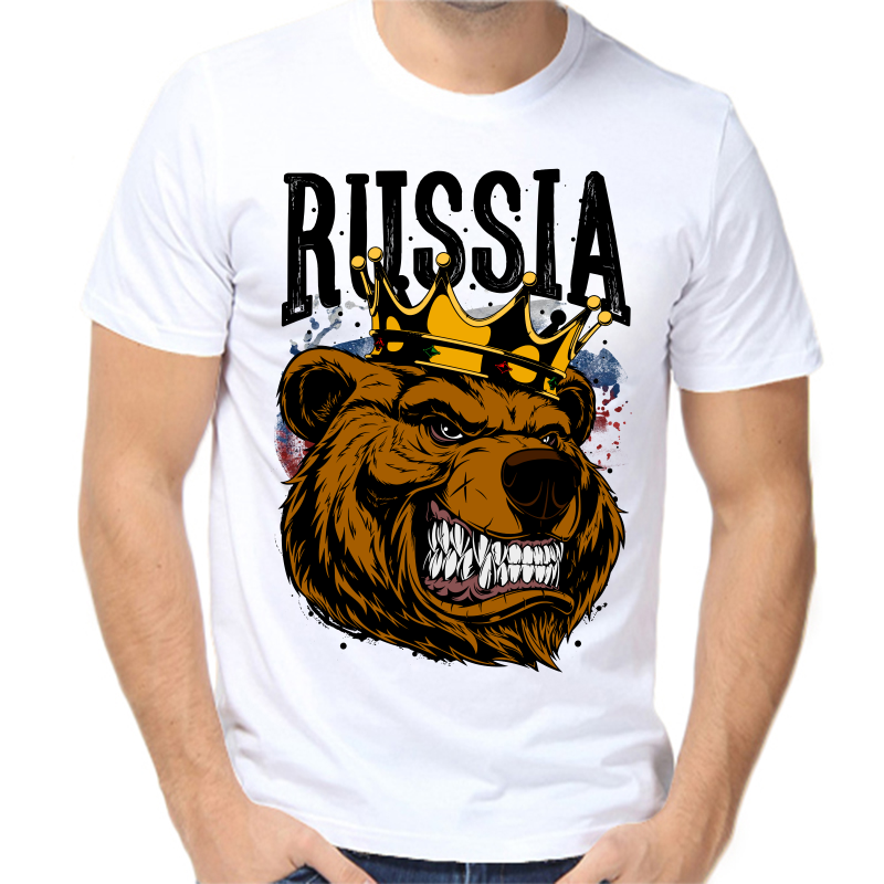Футболка мужская белая 62 р-р с надписью Россия Russia с медведем