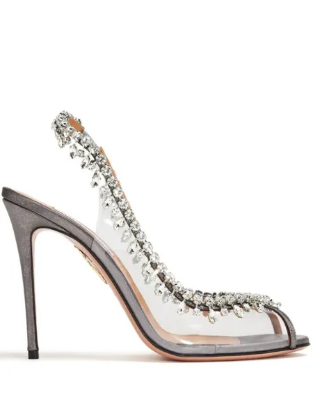 Aquazzura туфли-лодочки Temptation Crystal 105 мм с открытой пяткой, серебристый
