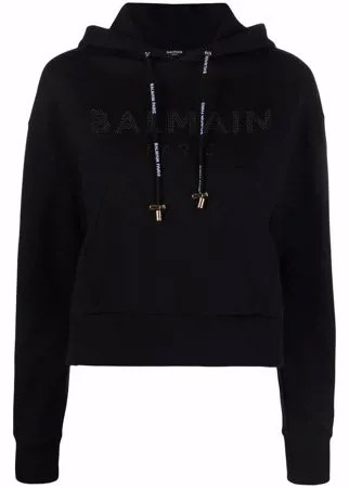 Balmain rhinestone logo cotton hoodie