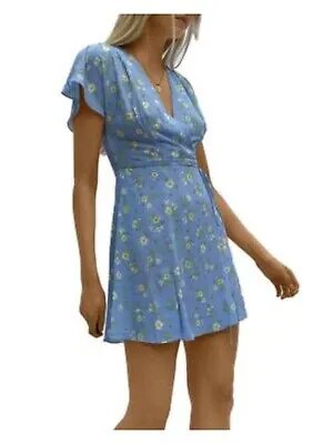 FRENCH CONNECTION Женское голубое мини-вечернее платье с короткими рукавами и запахом 10