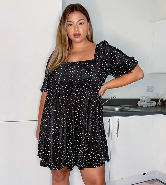 Плиссированное платье мини в горошек с квадратным вырезом ASOS DESIGN Curve-Черный