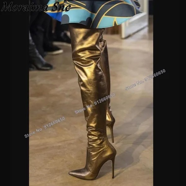 Женские сапоги-ботфорты Moraima, золотистые матовые сапоги выше колена, на высоком каблуке-шпильке, модельные сапоги