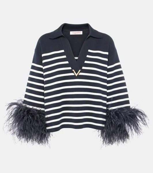 Хлопковый свитер с отделкой из перьев VGold Valentino, цвет navy/avorio