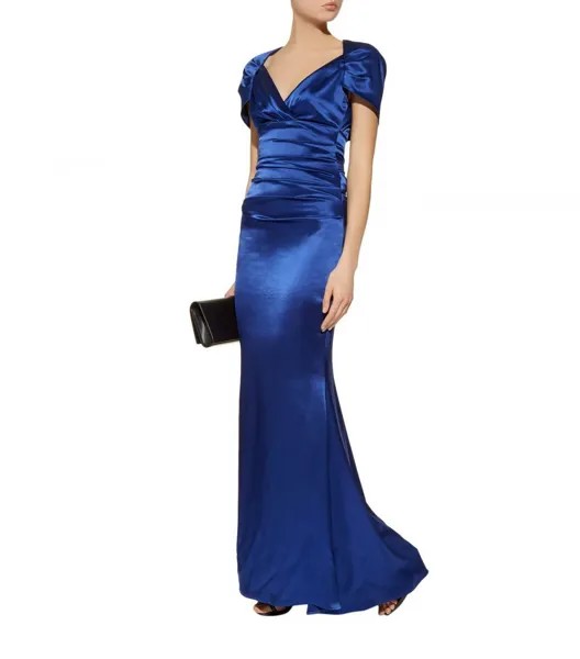 TALBOT RUNHOF Синее атласное платье-накидка Enzian Polinesia-1 6 США S 36