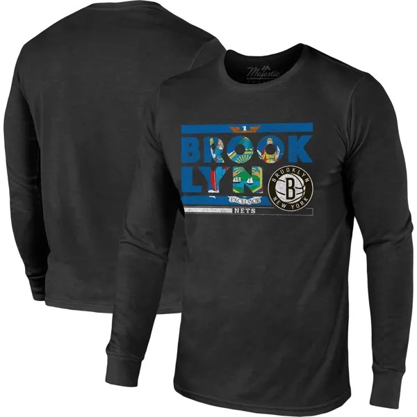 Мужская черная футболка с длинными рукавами Brooklyn Nets City and State Tri-Blend Majestic