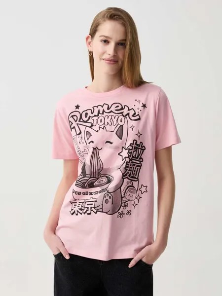 Футболка с принтом рамэн и японским котенком Ovs, цвет light pink