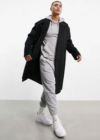 Черное пальто из материала с добавлением шерсти с поясом Topman-Черный цвет
