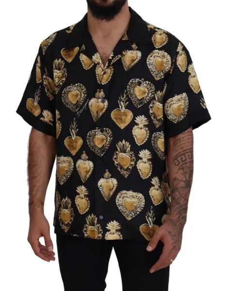 DOLCE - GABBANA Рубашка из шелкового атласа с короткими рукавами, черно-золотое сердце, 39 / US15,5 / M