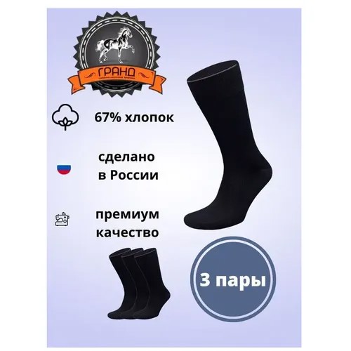 Мужские носки ГРАНД, 3 пары, высокие, бесшовные, размер 37/40, черный
