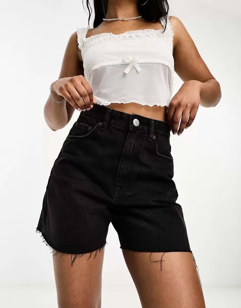 Черные джинсовые шорты с завышенной талией и необработанным краем Pull&Bear