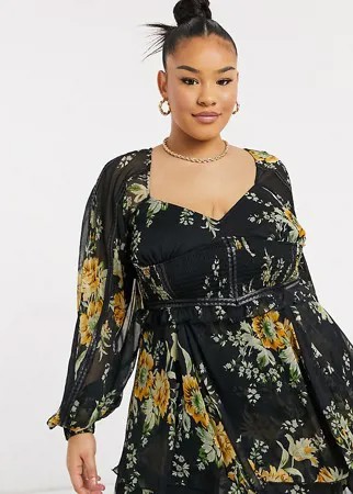 Платье мини из ткани добби с цветочным принтом и тесьмой из полиуретана ASOS DESIGN Curve-Многоцветный