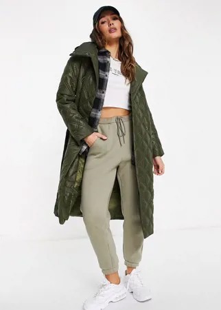 Удлиненное стеганое пальто с высоким воротом и капюшоном Fashion Union-Зеленый цвет