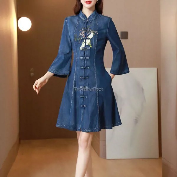 2023 осеннее Новое китайское винтажное джинсовое платье cheongsam с вышивкой, женское Короткое платье трапециевидной формы с расклешенными рукавами g1007