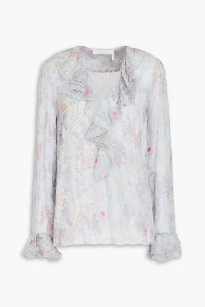 Блуза из шелкового шифона с оборками и цветочным принтом See By Chloé, светло-серый