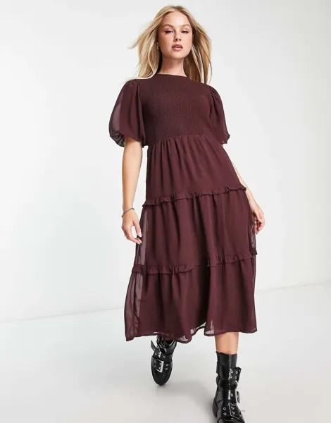 Сливово-коричневое ярусное платье миди с объемными рукавами и рукавами Wednesday's Girl