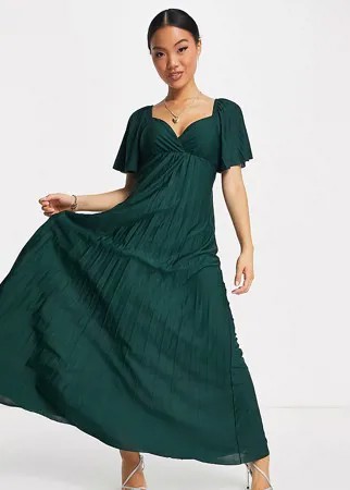 Темно-зеленое плиссированное платье макси с короткими рукавами и перекрученной отделкой на спине ASOS DESIGN Petite-Зеленый цвет