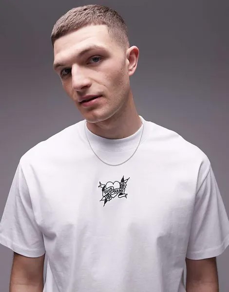 Белая супер-оверсайз-футболка Topman с тату-сердцем и вышивкой текста
