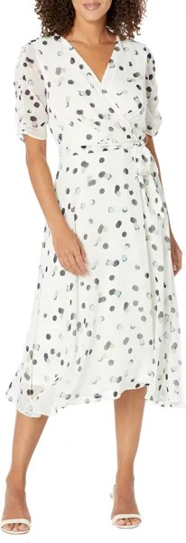 Платье Ruched Sleeve V-Neck Faux Wrap DKNY, цвет Multi Dot 7744/Ivory Multi