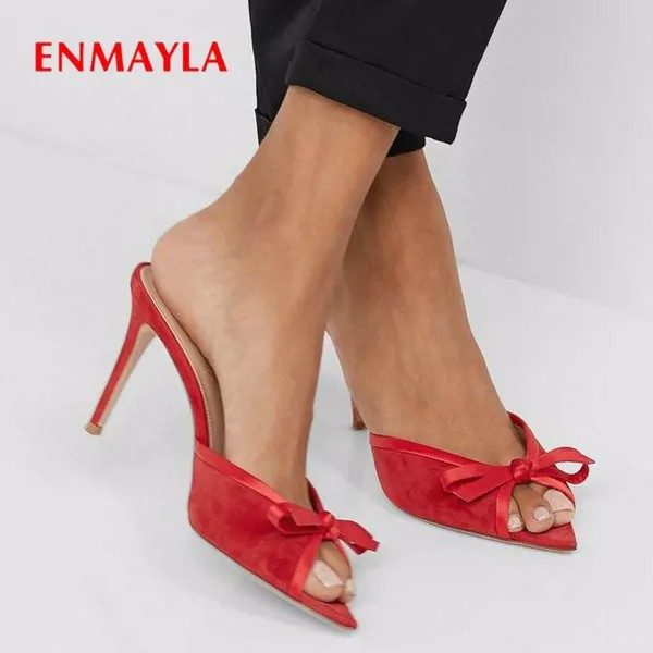 Женские сланцы на тонком каблуке ENMAYLA, летние однотонные Шлепанцы из флока с бантом-бабочкой, размеры 34-43, 2020