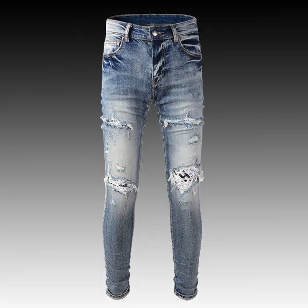 Модные уличные мужские джинсы светло-серого и синего цвета, эластичные облегающие рваные джинсы Destroye, мужские дизайнерские Брендовые брюки...
