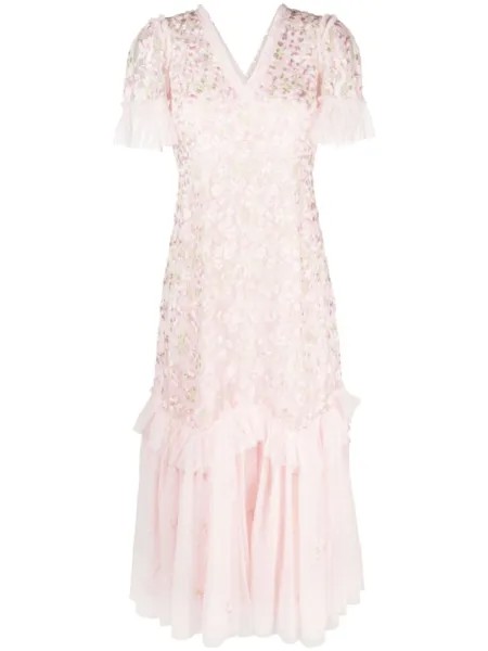 Needle & Thread платье Primrose из тюля с цветочной вышивкой, розовый