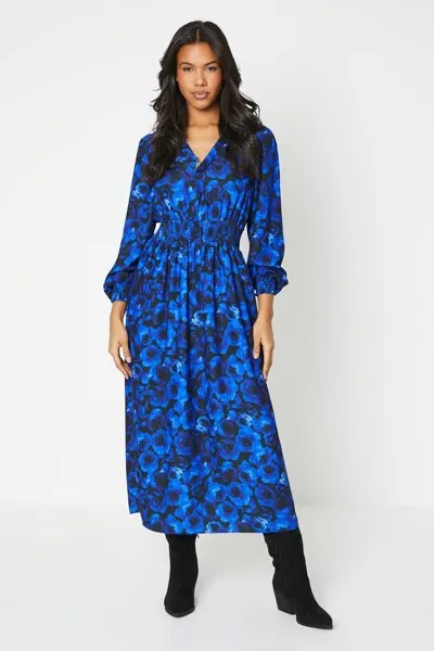 Высокое синее платье миди с цветочным принтом и присборенной талией Dorothy Perkins, черный