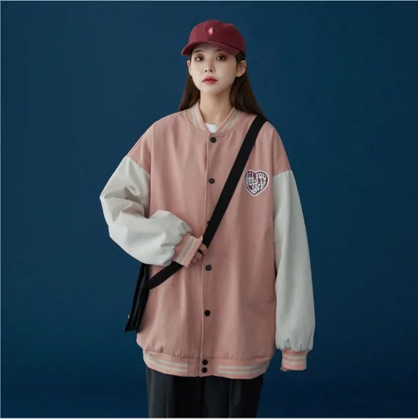 Женская бейсбольная куртка с буквенным принтом, свободная спортивная куртка розового и черного цвета на одной пуговице, верхняя одежда для ...