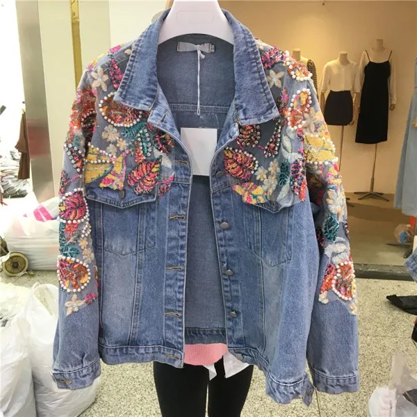 Женская джинсовая куртка со стразами, свободная куртка из денима с разноцветными блестками, верхняя одежда со стразами, весна 2023