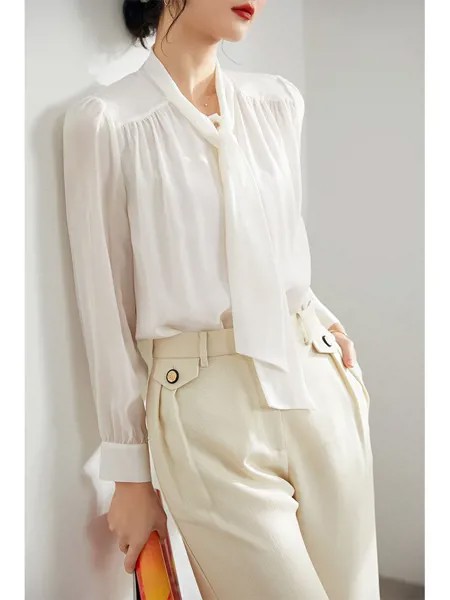 Корейские женские рубашки, осень 2023, рубашка из натурального шелка тутового шелкопряда для женщин, офисные женские блузки, блузка с длинным ...
