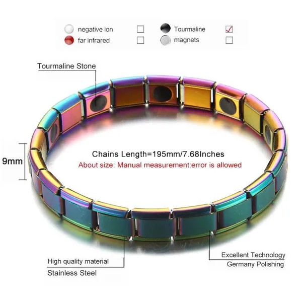 Нержавеющая сталь Хроматические турмалиновые браслеты для женщин Мужчины Здравоохранение Браслет Браслет