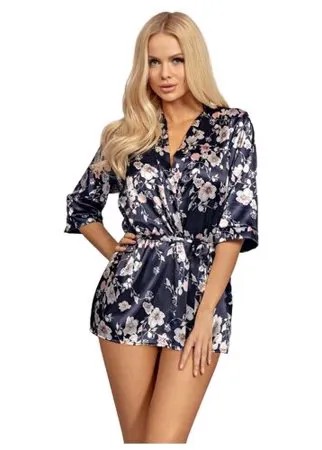 Donna Короткий атласный халатик Donatella с цветочным узором, Donatella 02 dressing gown, темно-синий, M