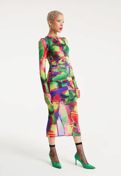 Платье-миди с абстрактным разноцветным принтом и рюшами House of Holland, мультиколор