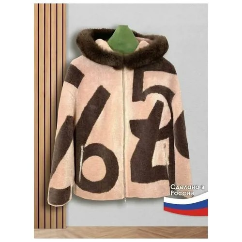 Полушубок , овчина, укороченный, силуэт прямой, карманы, капюшон, размер 40, бежевый, коричневый