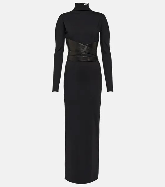 Платье макси из джерси с кожаной отделкой Alaïa, черный