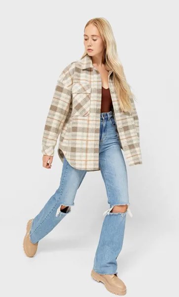Stradivarius Трикотажная Куртка-Рубашка В Клетку Бежевый M