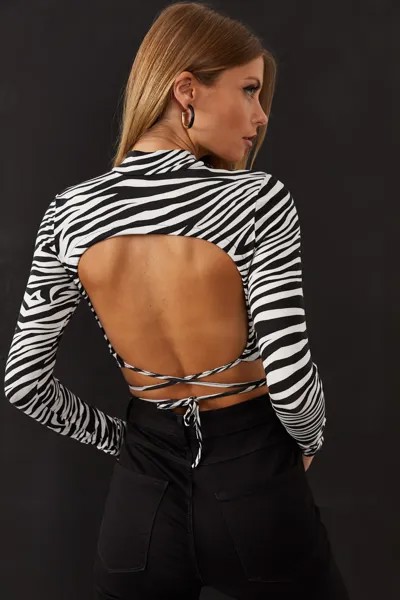 Женская укороченная блузка экрю-черного цвета с открытой спиной и рисунком зебры LPP1131 Cool & Sexy